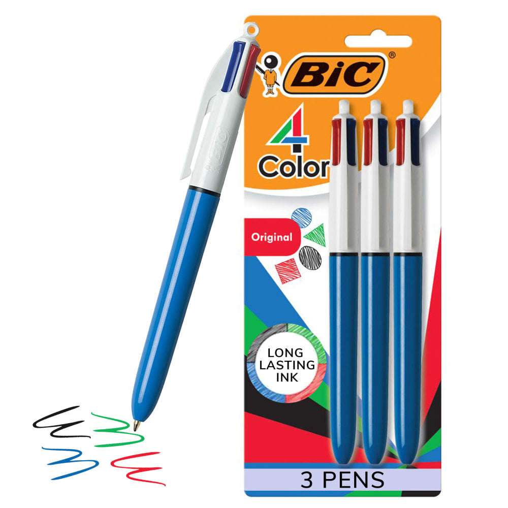 BIC 4 Color Retractable Ballpoint Pen, Medium Point, 1.0 mm, Blue Barrel, Assorted Ink Colors, Pack Of 3