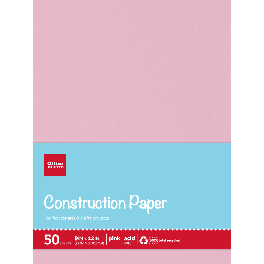 Office Depot Brand Construction Paper, 9in x 12in, 100% Recycled, Pink, Pack Of 50 Sheets