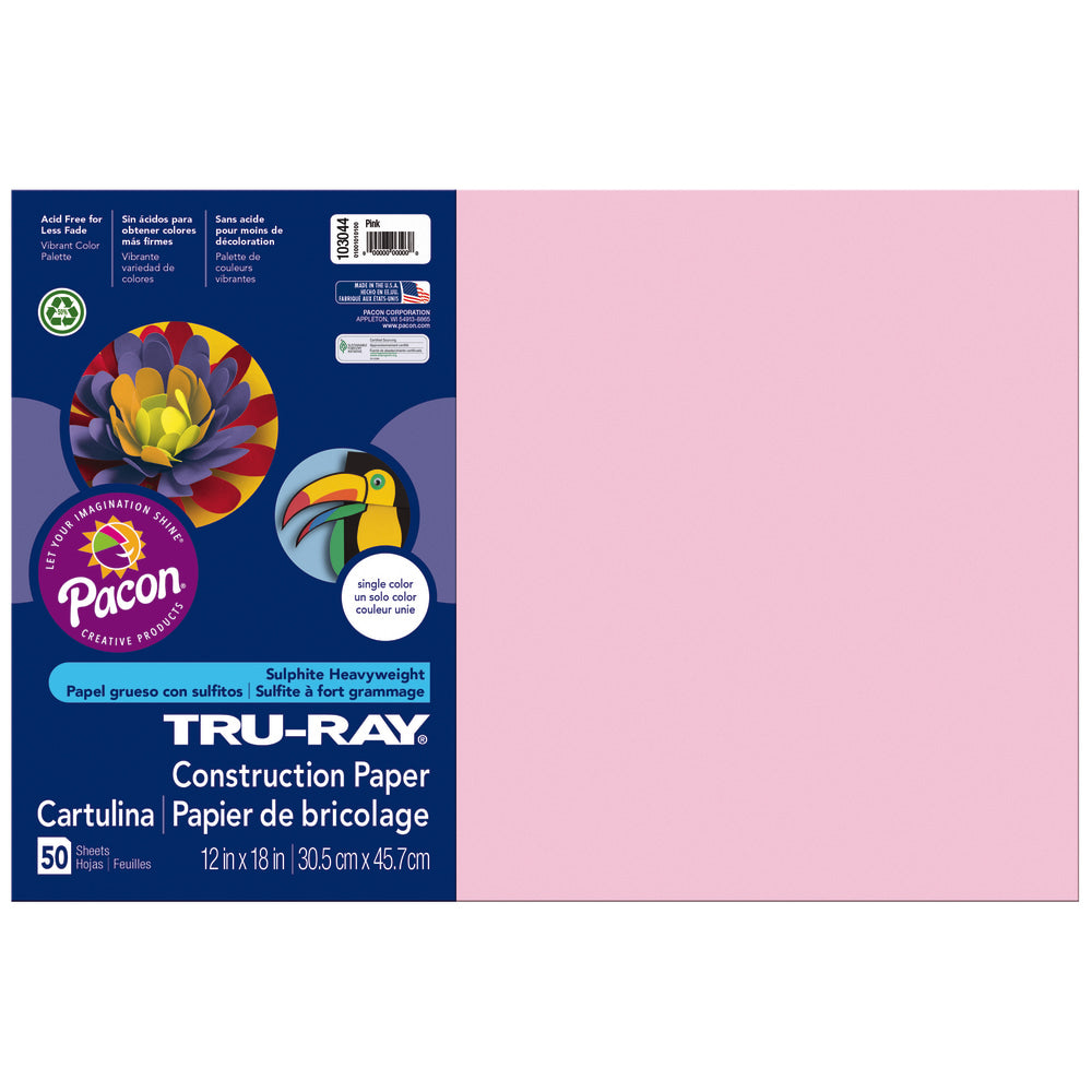 Tru-Ray Construction Paper, 50% Recycled, 12in x 18in, Pink, Pack Of 50