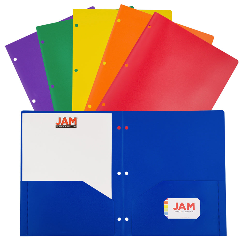 JAM Paper POP Plastic 3-Hole Punched 2-Pocket School Folders, 9-1/2in x 11-1/2in, Assorted Primary, Pack Of 6 Folders