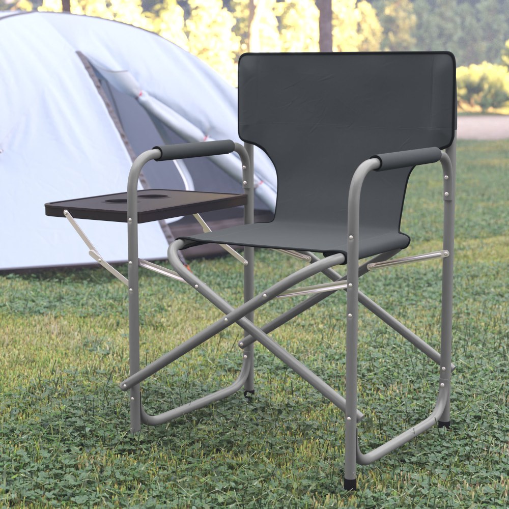 Flash Furniture Folding Directors Camping Chair With Side Table And Cup Holder, Gray