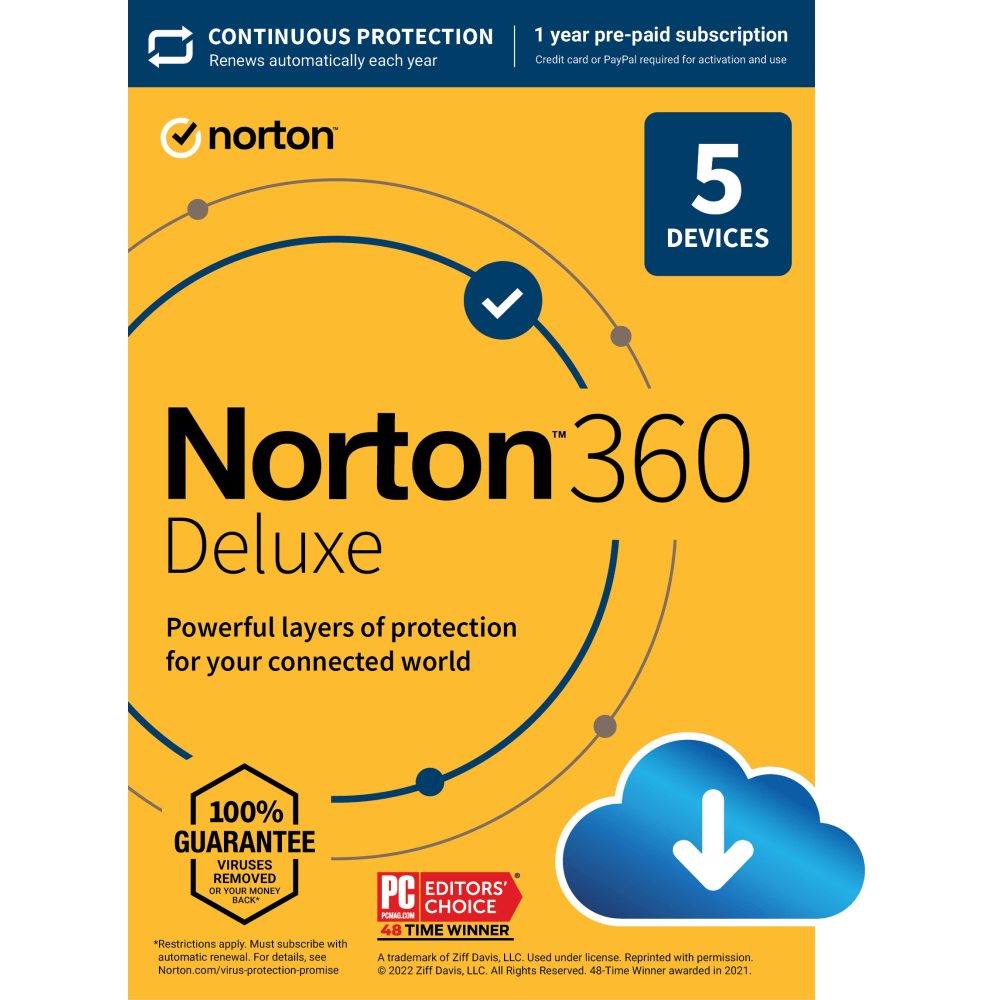 Norton 360 Deluxe, For 5 Devices, 1 Year Subscription, Windows, Download