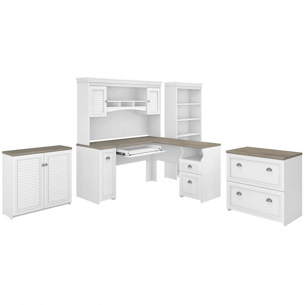 Bush Furniture Fairview 60inW L-Shaped Desk With Hutch, File Cabinet, Bookcase and Storage, Shiplap Gray/Pure White, Standard Delivery