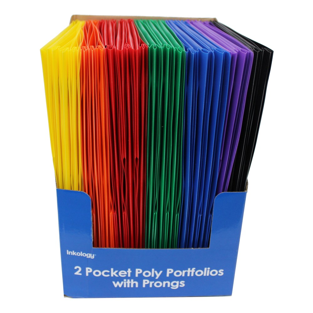 Inkology Poly Portfolios With Prongs, Assorted Colors, Pack Of 48