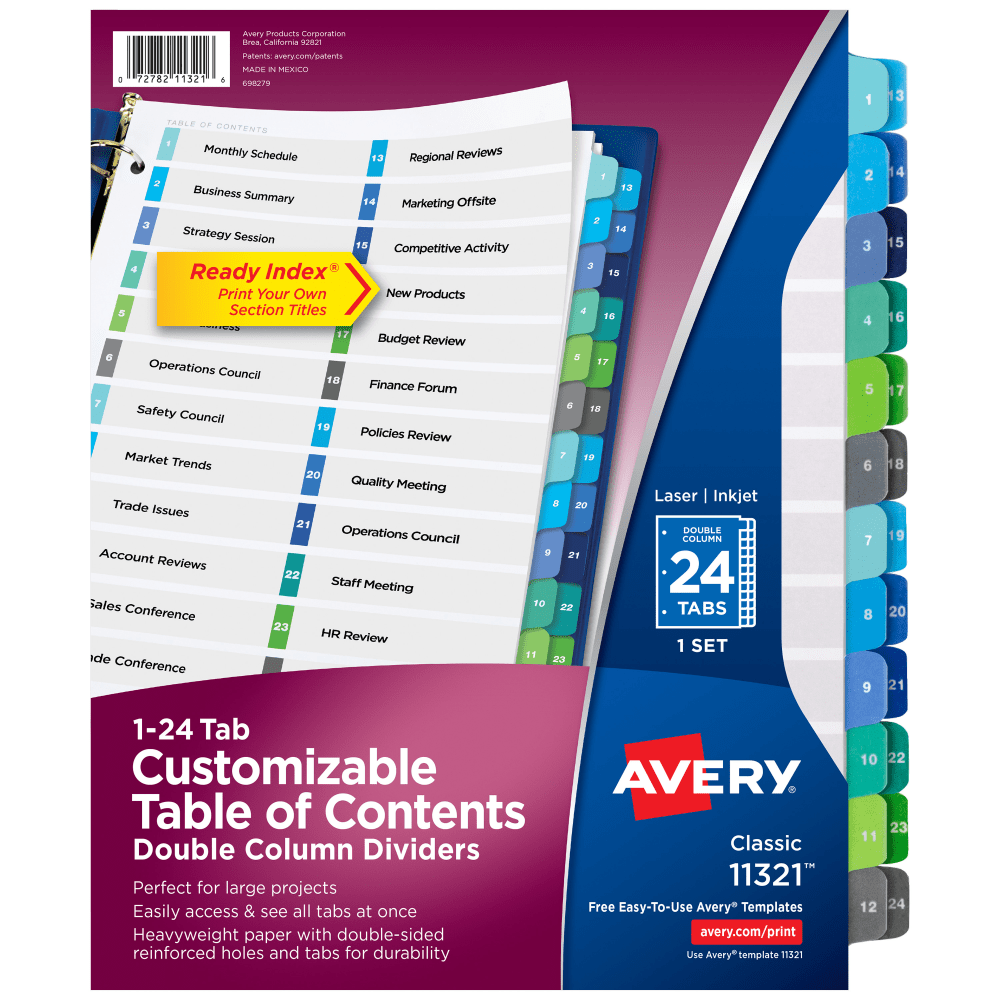 Avery Ready Index 1-24 Tab Double Column Binder Dividers With Customizable Table Of Contents, 8-1/2in x 11in, 24 Tab, White/Multicolor, 1 Set