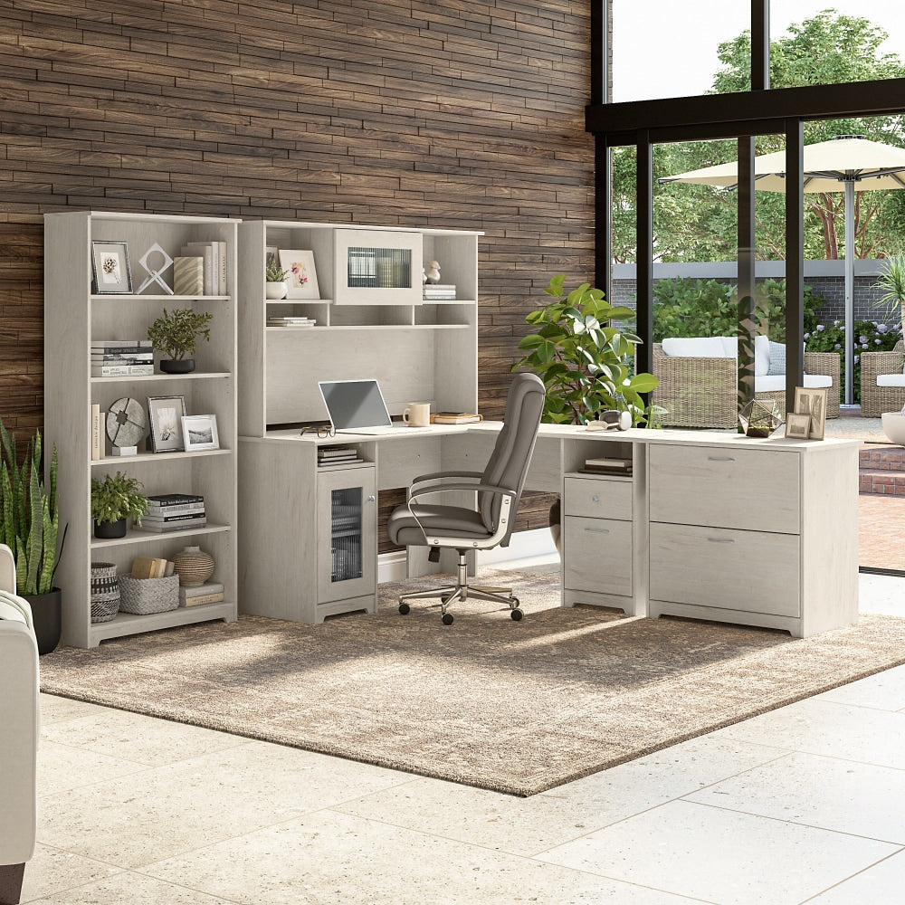 Bush Business Furniture Cabot 60inW L-Shaped Corner Desk With Hutch, Lateral File Cabinet And 5-Shelf Bookcase, Linen White Oak, Standard Delivery