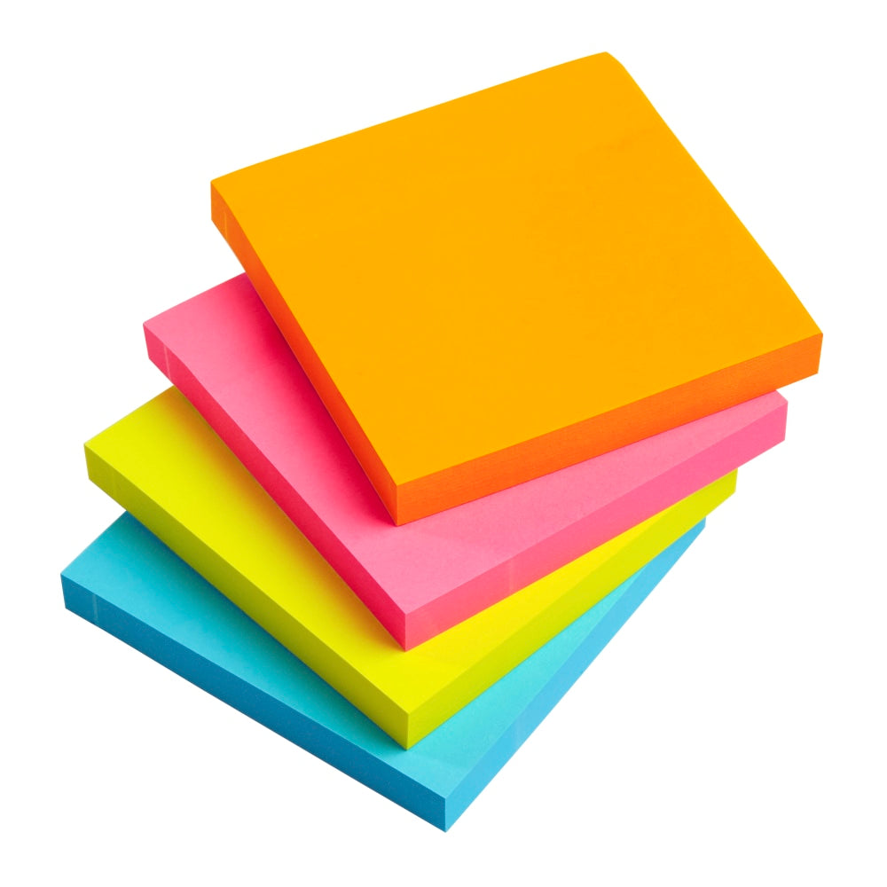 Office Depot Brand Sticky Notes, With Storage Tray, 3in x 3in, Assorted Neon Colors, 100 Sheets Per Pad, Pack Of 24 Pads