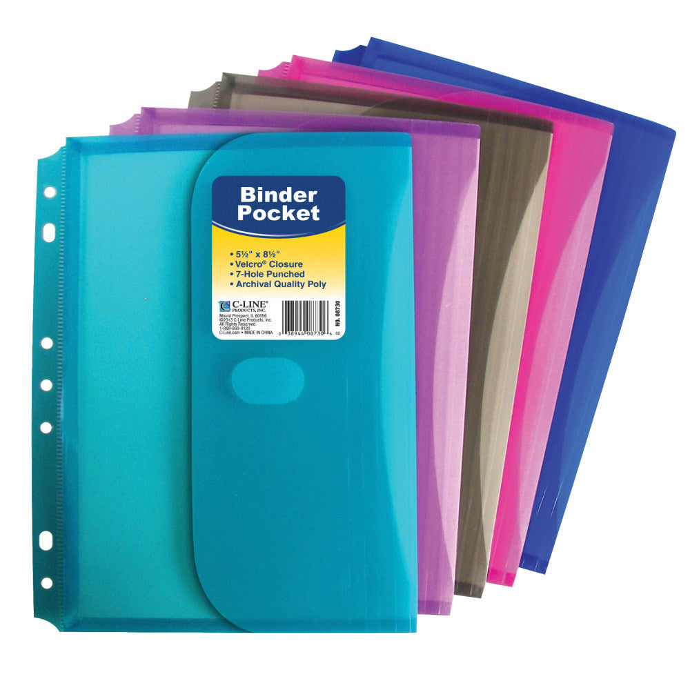 C-Line Mini-Size Binder Pockets, 5 1/2in x 8 1/2in, 1/2in Capacity, Assorted Colors, Pack Of 18