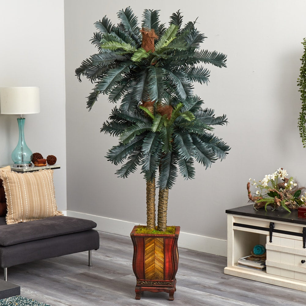 Nearly Natural Double Sago Palm 72inH Artificial Tree With Designer Planter, 72inH x 34inW x 34inD, Green