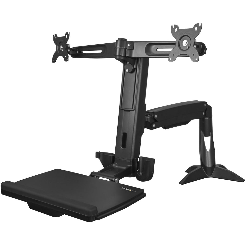 StarTech.com Sit Stand Dual Monitor Arm - Desk Mount Standing Computer Workstation 24in Displays - Adjustable Stand Up Arm w/ Keyboard Tray