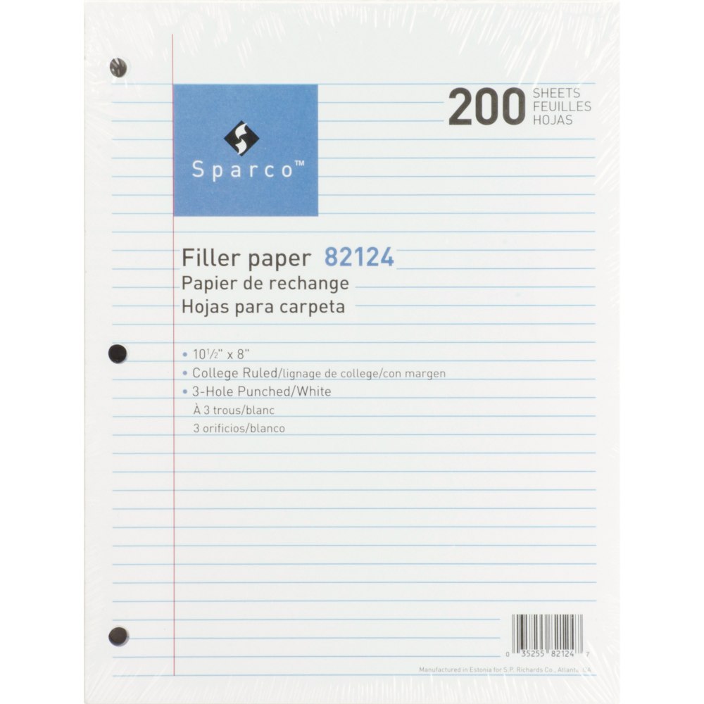 Sparco Filler Paper, 8in x 10 1/2in, 16 Lb, College Ruled, White