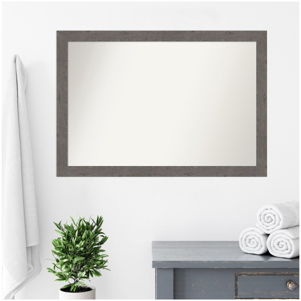 Amanti Art Narrow Non-Beveled Rectangle Framed Bathroom Wall Mirror, 27-1/2in x 39-1/2in, Rustic Plank Gray