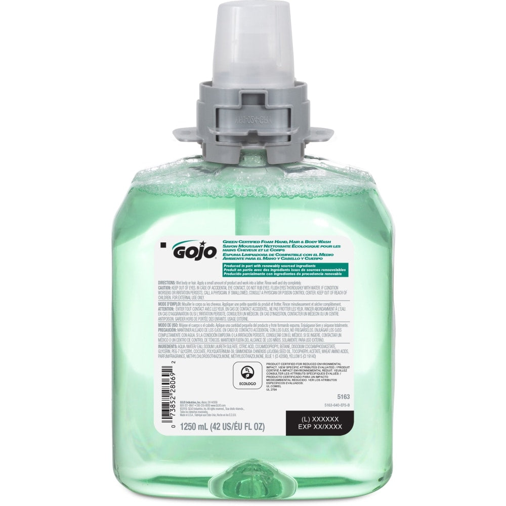 Gojo FMX-12 Refill Green Certified Hair/Body Wash - Cucumber Melon Scent - 42.3 fl oz (1250 mL) - Kill Germs - Body, Hair - Green - Residue-free - 1 Each