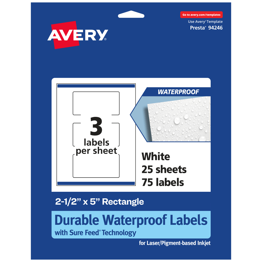 Avery Waterproof Permanent Labels With Sure Feed, 94246-WMF25, Rectangle, 2-1/2in x 5in, White, Pack Of 75