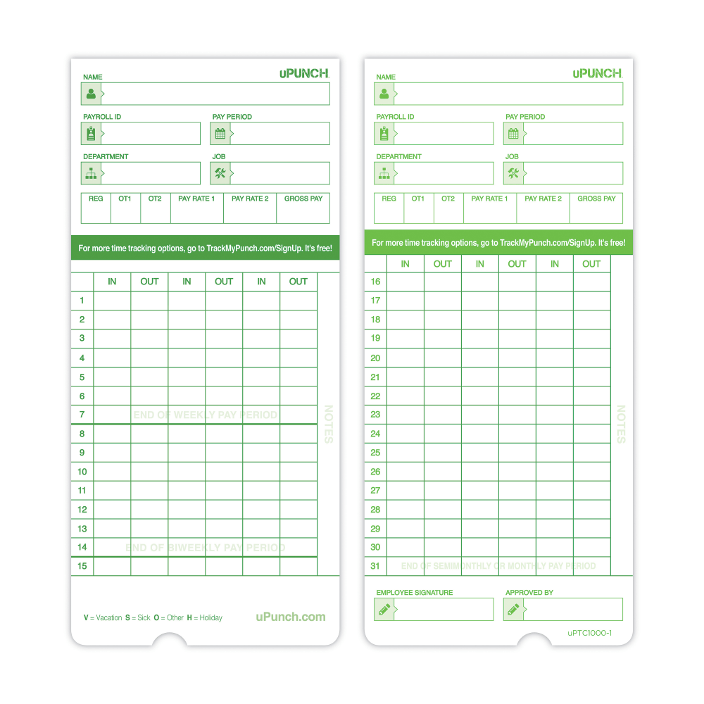 uPunch All Pay Periods Time Cards, 2-Sided, 3.5in x 7.5in, Green, Pack Of 50, HNTCG1050