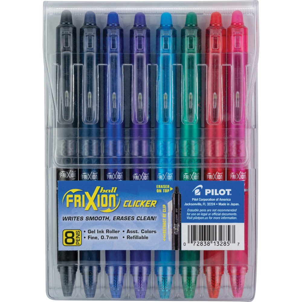 Pilot FriXion Clicker Ball Erasable Gel Pens, Fine Point, 0.7 mm, Assorted Barrel Colors, Assorted Ink Colors, Pack Of 8 Pens