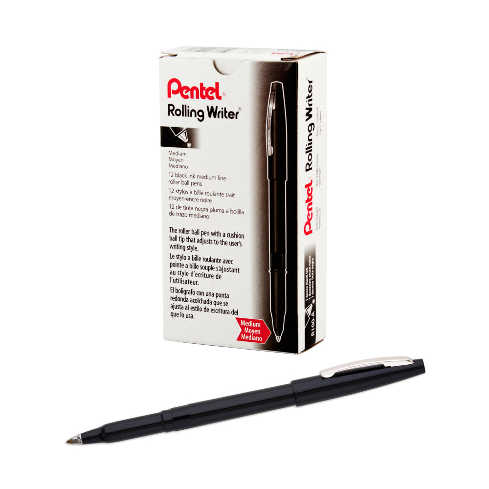 Pentel Rolling Writer Pens, Medium Point, 0.8 mm, Black Barrel, Black Ink, Pack Of 12 Pens