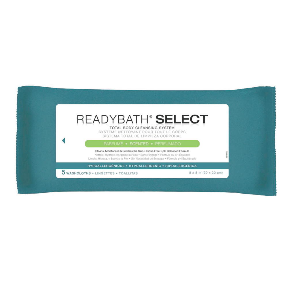 Medline ReadyBath SELECT Medium-Weight Cleansing Washcloths, Scented, 8in x 8in, White, 5 Washcloths Per Pack, Case Of 30 packs