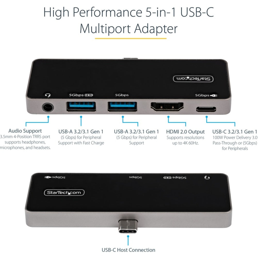 StarTech USB C Multiport Adapter, USB-C to 4K 60Hz HDMI, 100W PD Pass-Through, 3xUSB, Audio, USB-C Mini Dock, Portable USB Type-C Dock