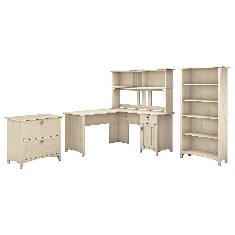 Bush Furniture Salinas 60inW L Shaped Desk with Hutch, Lateral File Cabinet and 5 Shelf Bookcase, Antique White, Standard Delivery