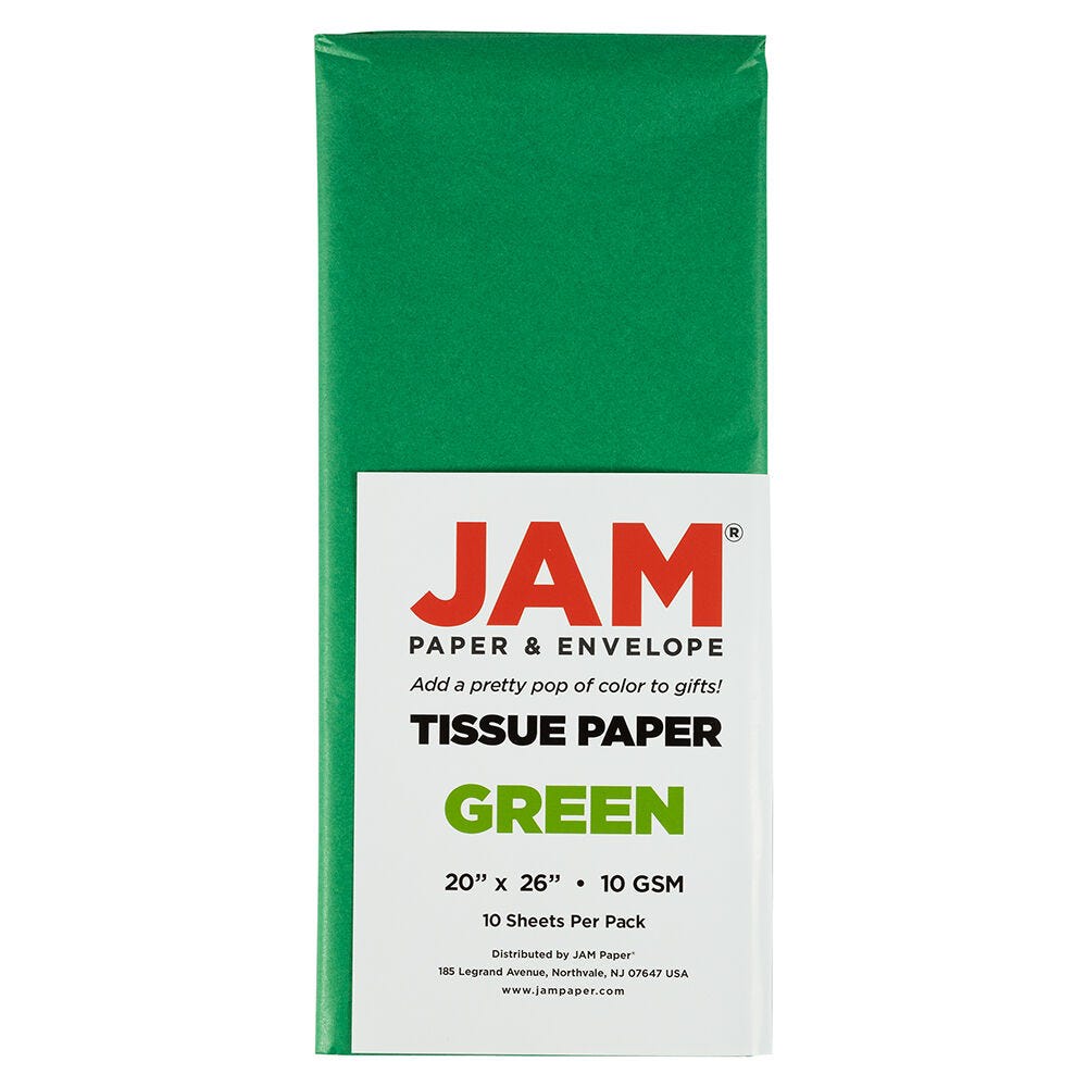 JAM Paper Tissue Paper, 26inH x 20inW x 1/8inD, Green, Pack Of 10 Sheets