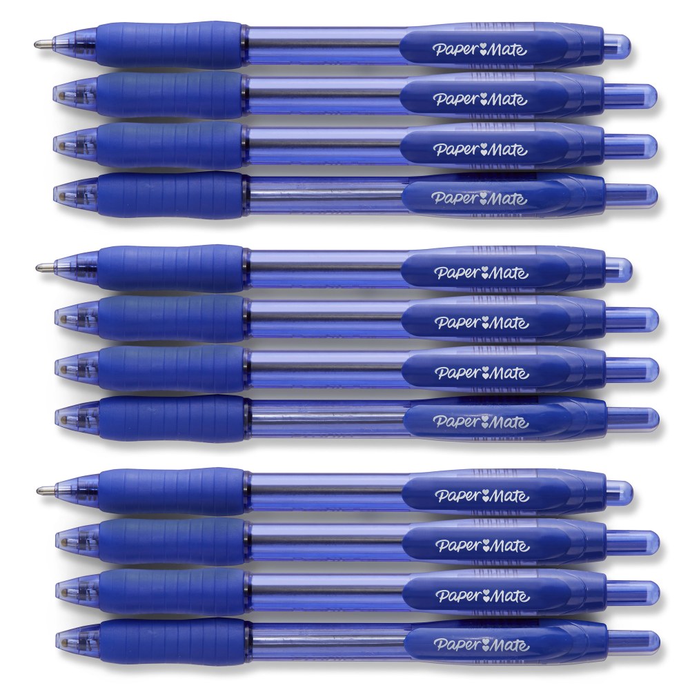 Paper Mate Profile Retractable Ballpoint Pens, Bold Point, 1.4 mm, Translucent Barrel, Blue Ink, Pack Of 12