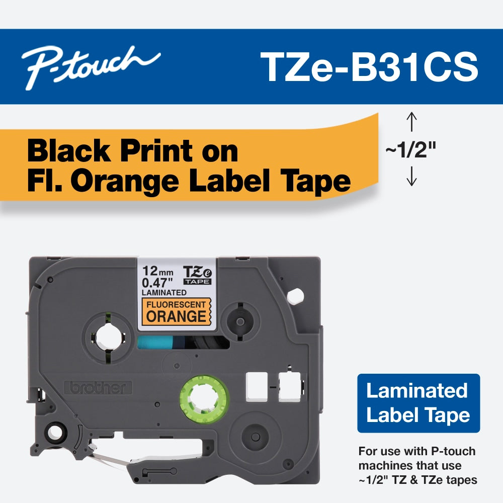 Brother TZEB31CS Genuine P-Touch Laminated Label Tape, 1/2in x 13-1/8ft, Black/Fluorescent Orange