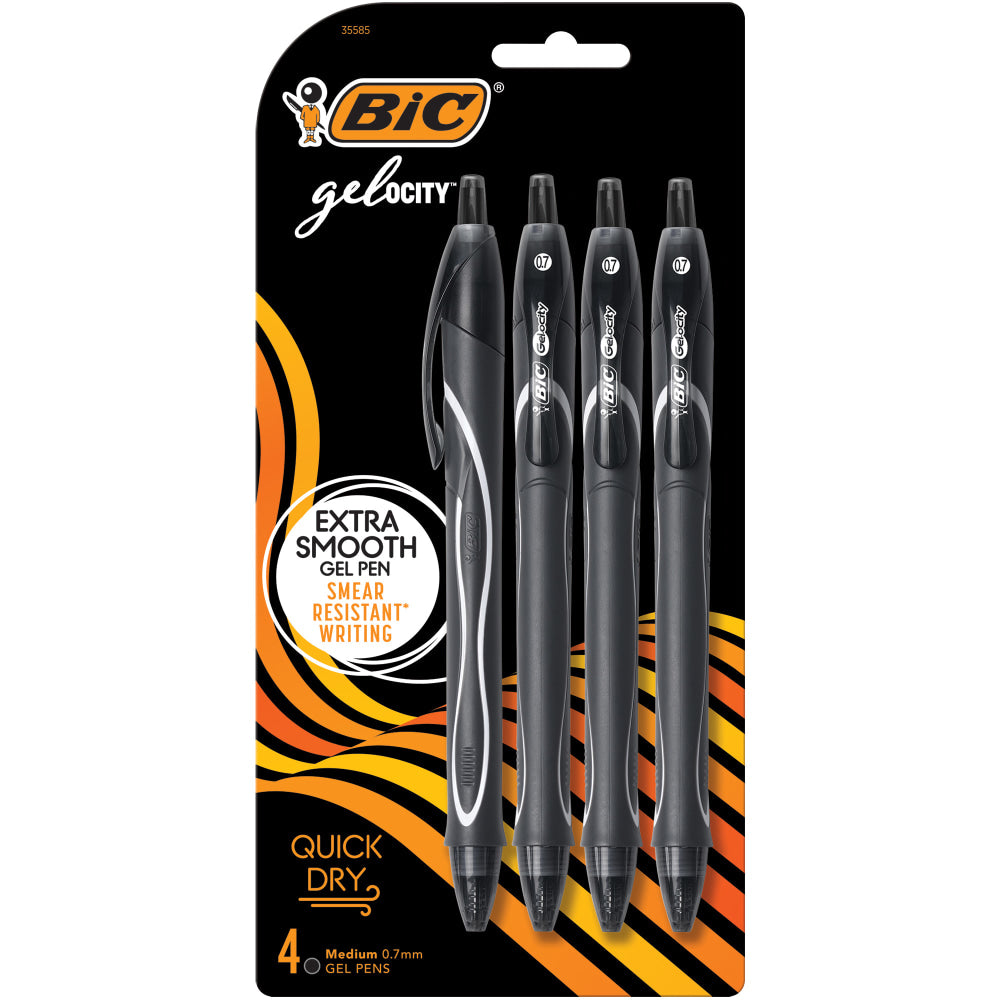 BIC Gel-ocity Quick-Dry Retractable Gel Pens, Medium Point, 0.7 mm, Black Barrel, Black Ink, Pack Of 4 Pens