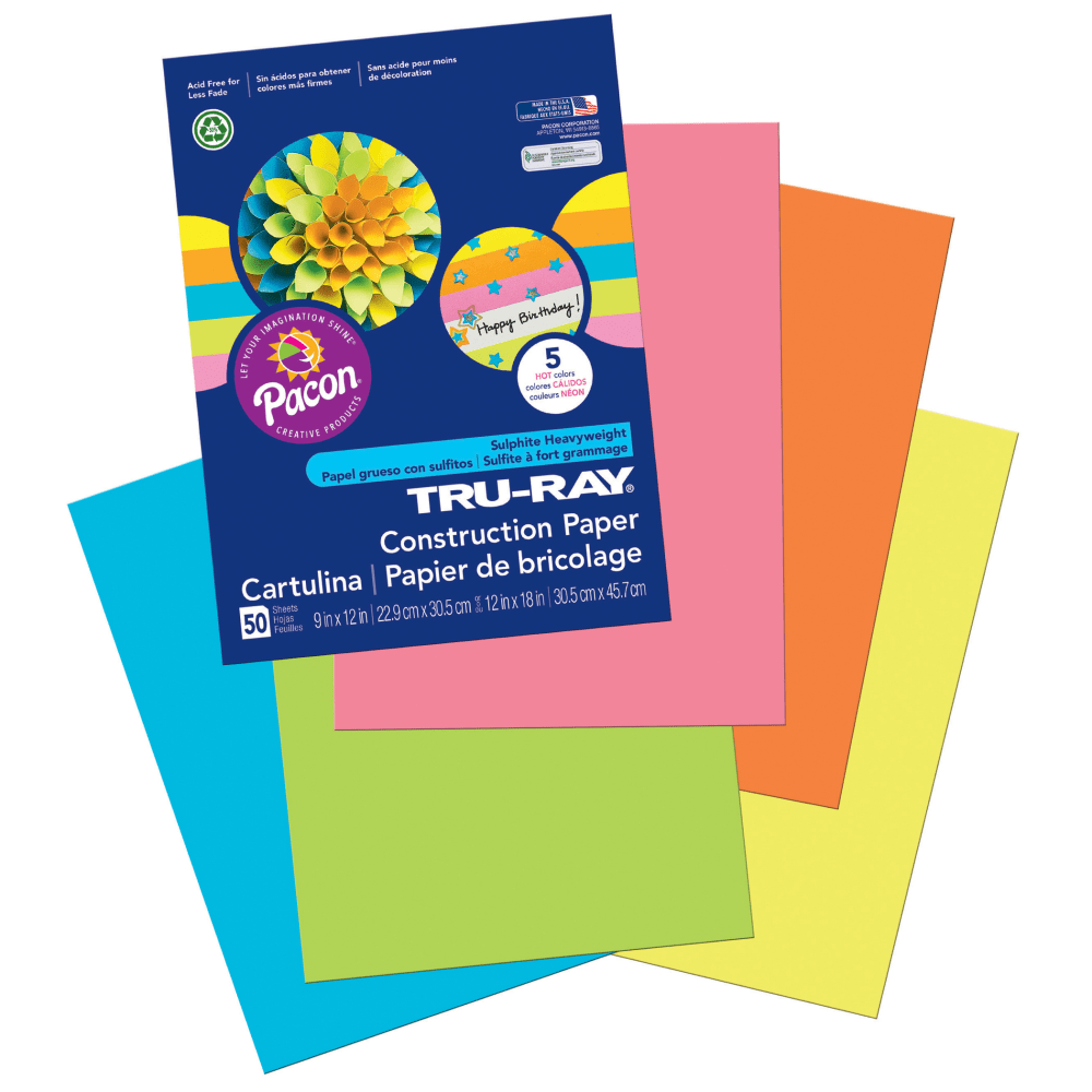 Tru-Ray Construction Paper, 9in x 12in, Assorted Hot Colors, 50 Sheets Per Pack, Set Of 5 Packs