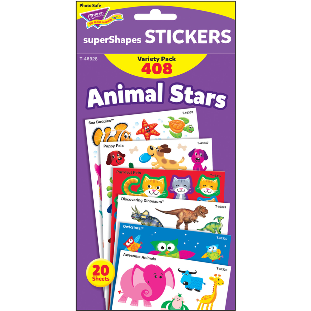 Trend Animal Fun Stickers Variety Pack - Fun, Animal Theme/Subject (Sea Buddies, Owl-Stars, Puppy Pals) Shape - Photo-safe, Non-toxic, Acid-free - 8in Height x 4.13in Width x 6.63in Length - Multicolor - 488 / Pack