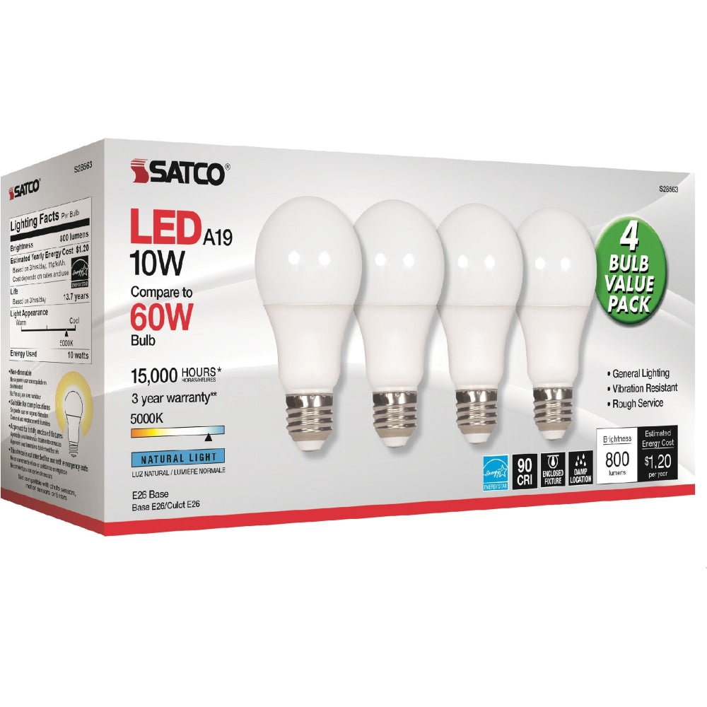 Satco 10W A19 LED 5000K Light Bulbs - 10 W - 60 W Incandescent Equivalent Wattage - 120 V AC - 800 lm - A19 Size - Frosted White - Natural Light Light Color - E26 Base - 15000 Hour - 8540.3 deg.F (4726.8 deg.C) Color Temperature