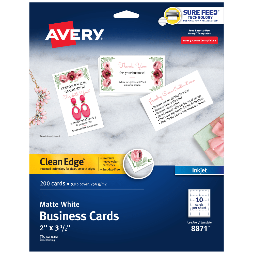 Avery Clean Edge Printable Business Cards With Sure Feed Technology For Inkjet Printers, 2in x 3.5in, White, 200 Blank Cards