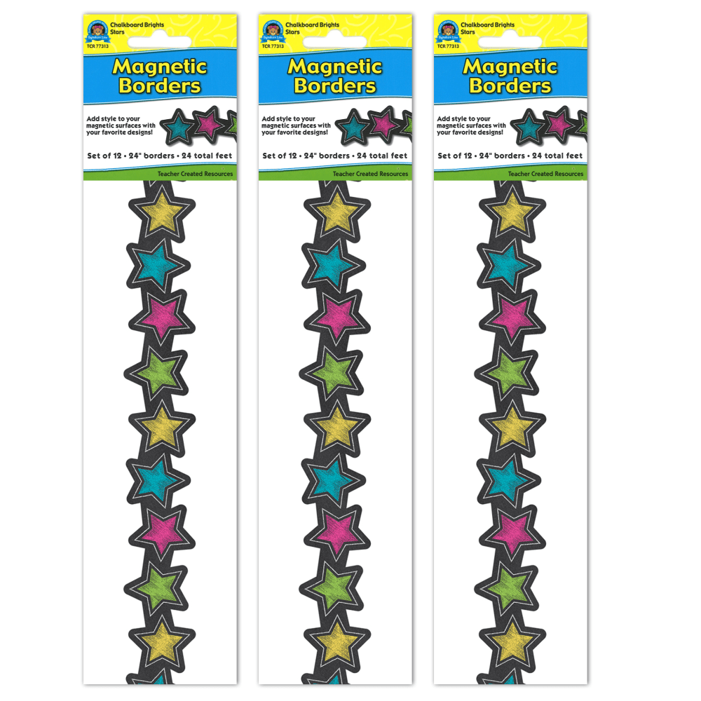 Teacher Created Resources Magnetic Borders, 24in x 1-1/2in, Chalkboard Brights Stars, 12 Boarders Per Pack, Set Of 3 Packs