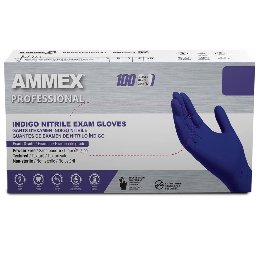 Ammex Professional Indigo Disposable Powder-Free Nitrile Exam Gloves, Medium, Box Of 100 Gloves