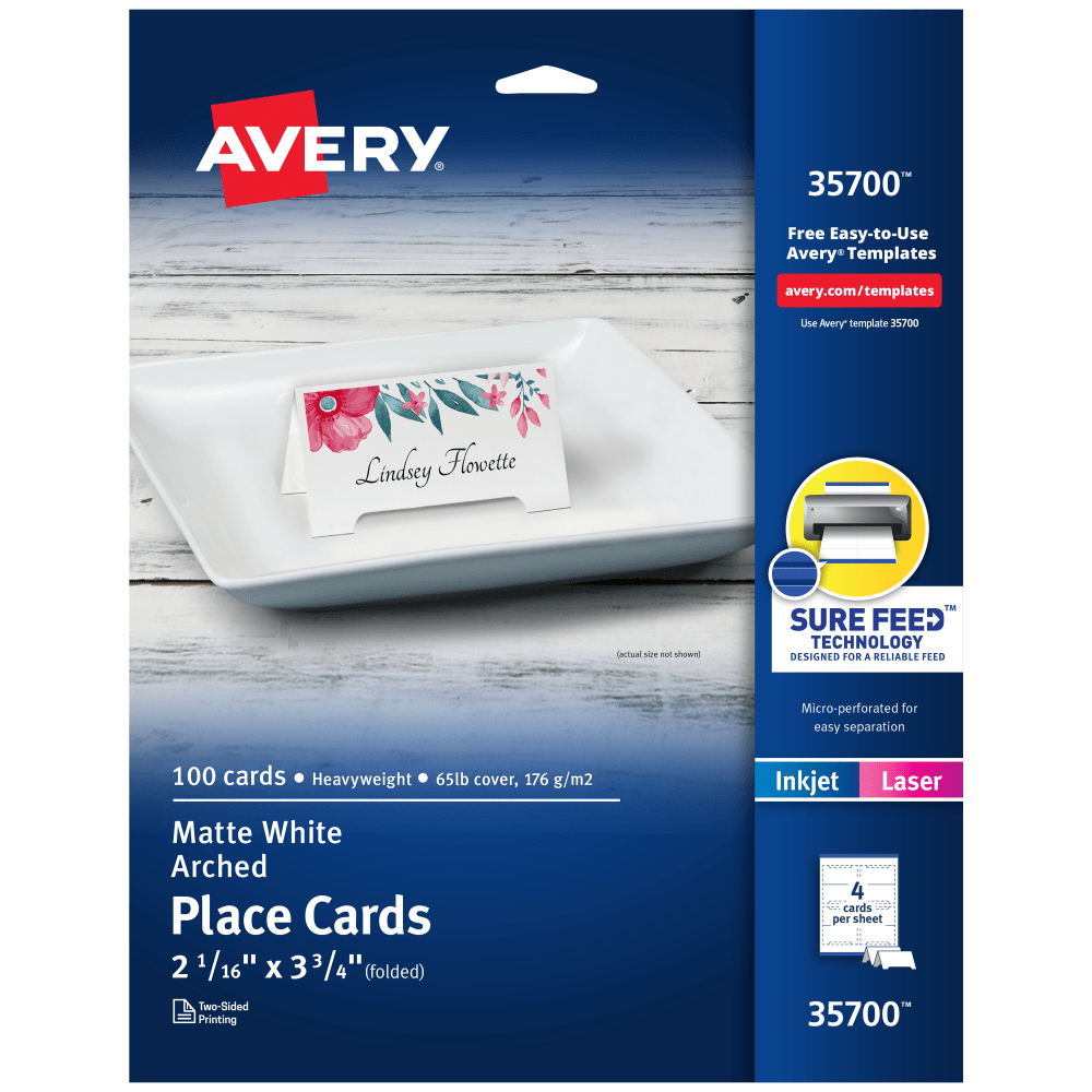 Avery Printable Arched Tent Cards With Sure Feed Technology, 65 lb, 2-1/16in x 3-3/4in, White, 100 Blank Place Cards