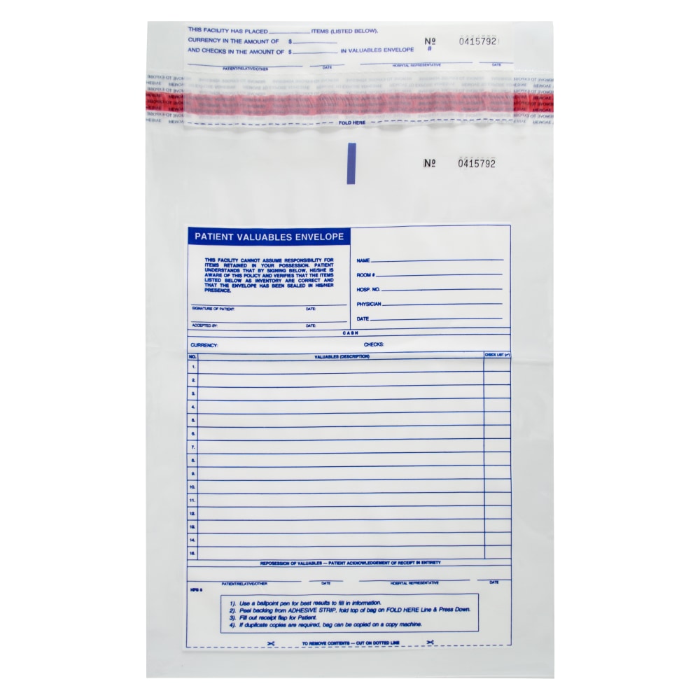 Patient Valuables Form And Plastic Bag, Tamper Evident, Sequentially Numbered, 10in x 13in, Pack Of 1,000 Sets