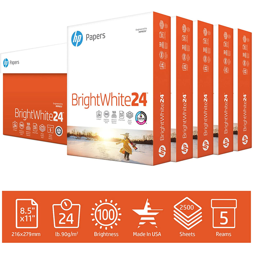 HP BrightWhite24 Inkjet Paper, White, Letter Size (8 1/2in x 11in), Ream Of 500 Sheets, 24 Lb, 100 Brightness