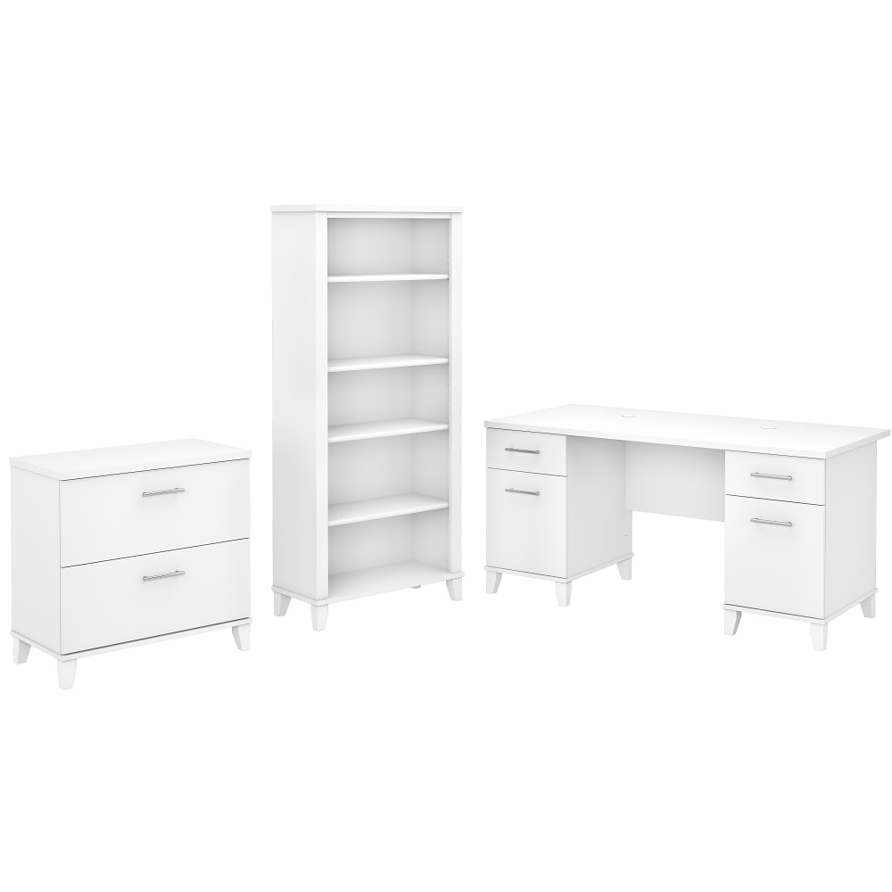 Bush Furniture 60inW Office Computer Desk With Lateral File Cabinet And 5-Shelf Bookcase, White, Standard Delivery