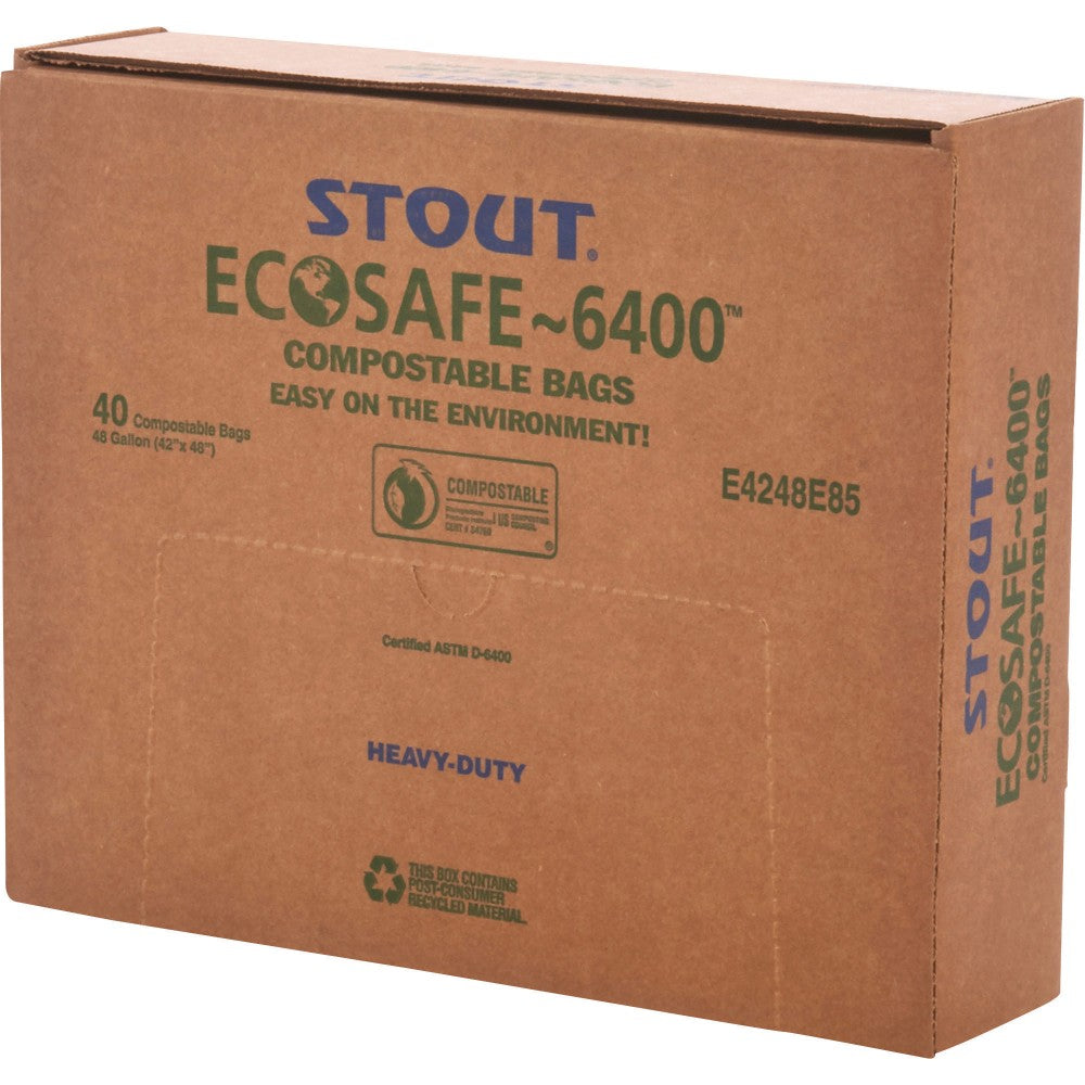 Stout EcoSafe-6400 Compostable Compost Bags, 0.85-mil, 48 Gallons, 42in x 48in, Green, Box Of 40