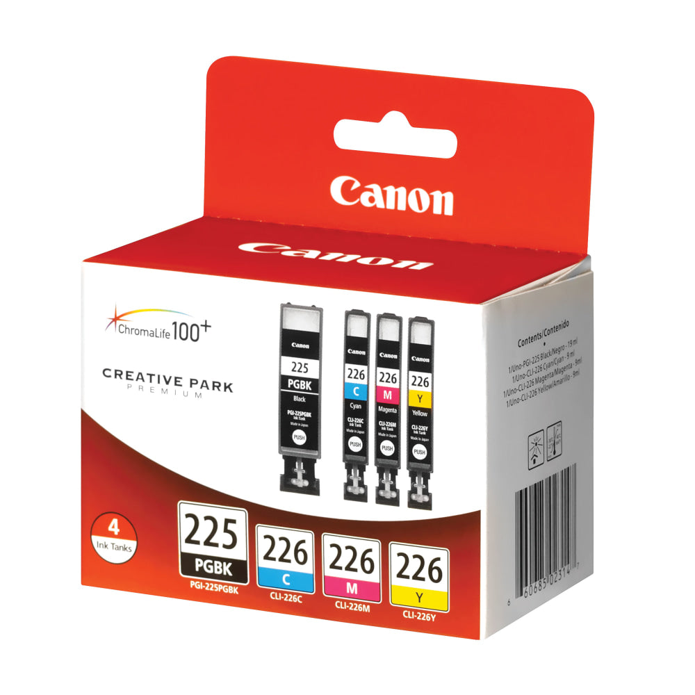 Canon PGI-225/CLI-226 ChromaLife 100+ Black And Cyan, Magenta, Yellow Ink Tanks, Pack Of 4, 4530B008