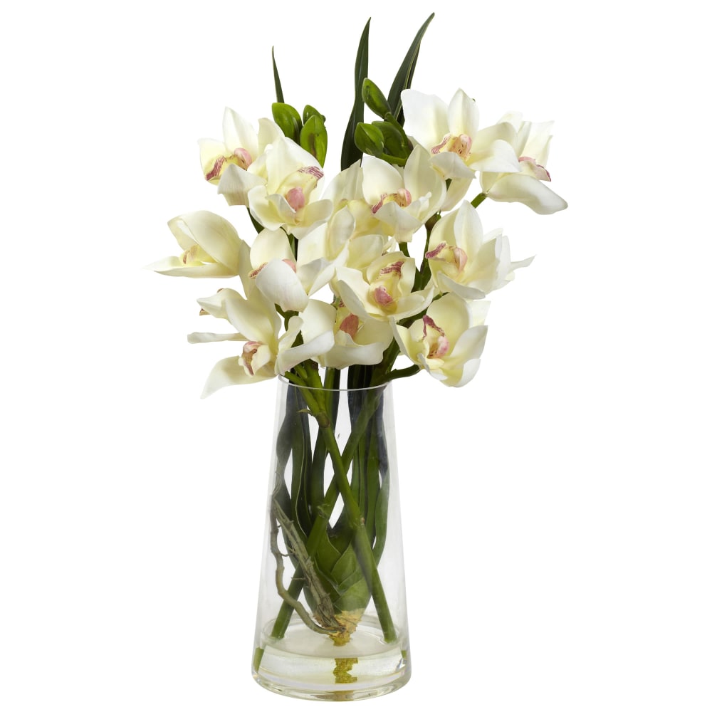 Nearly Natural Cymbidium Orchid 19inH  Plastic Floral Arrangement With Vase, 19inH x 10inW x 7inD, White/Green