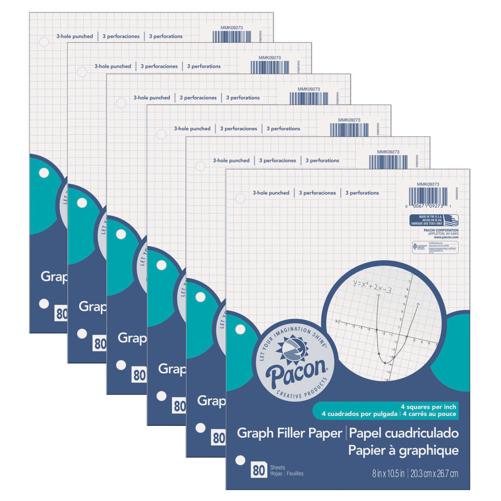 Pacon Graphing Paper, 8in x 10-1/2in, 1/4in Quadrille Ruled, White, 80 Sheets Per Pack, Case Of 6 Packs