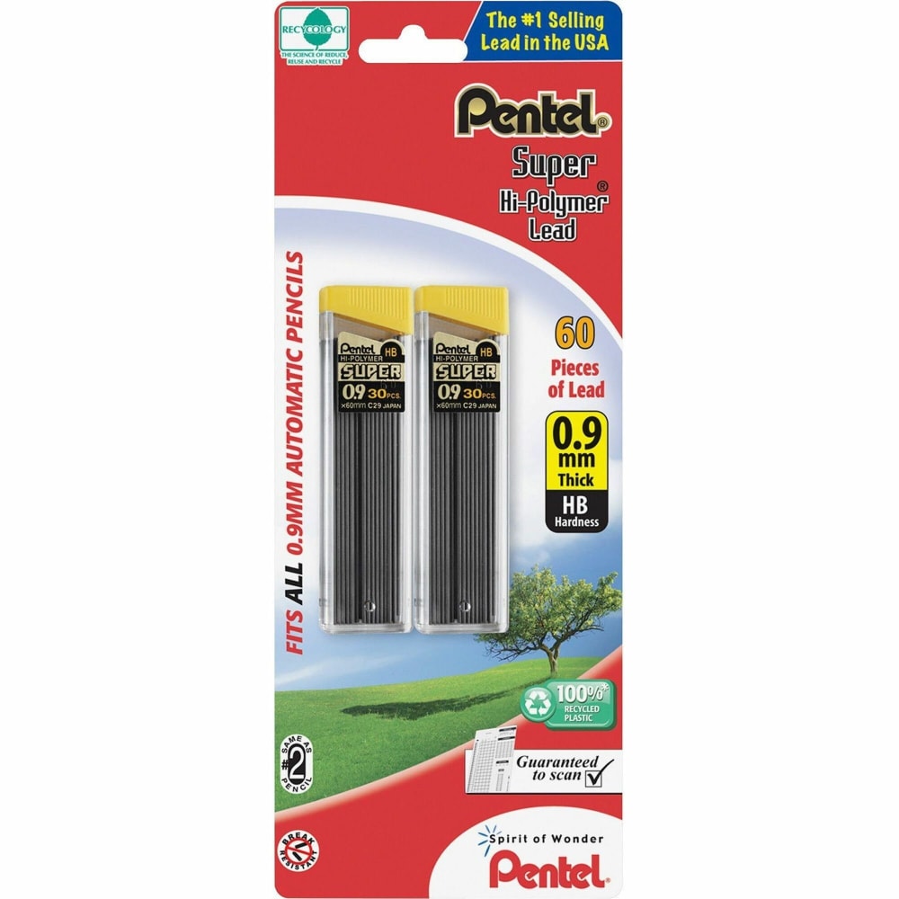 Pentel Super Hi-Polymer Lead Refills, Bold Point, 0.9 mm, HB Hardness, Pack Of 60