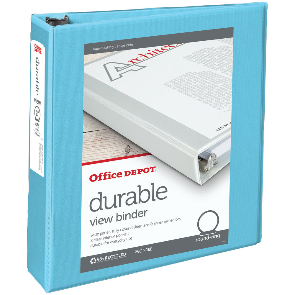 Office Depot Brand 3-Ring Durable View Binder, 2in Round Rings, Jeweler Blue