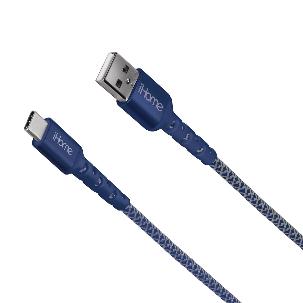 iHome Nylon-Braided USB-A To USB-C Cable With Durstrain, 6ft, Blue