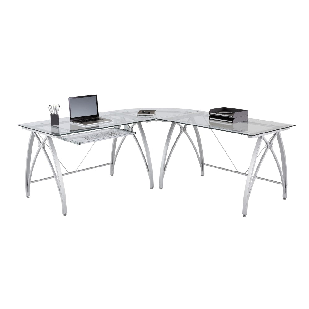 Realspace Vista Glass 76inW L-Shape Corner Desk, Silver