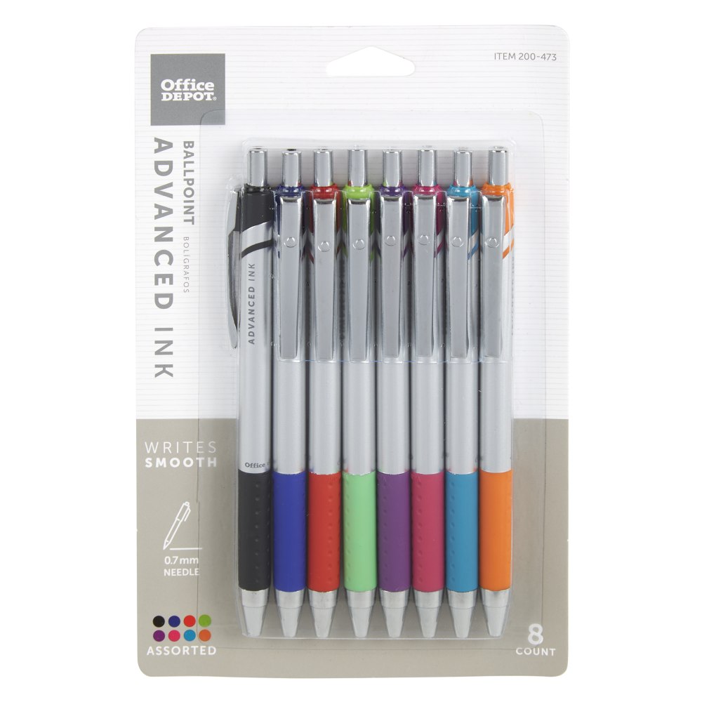 Office Depot Brand Advanced Ink Retractable Ballpoint Pens, Needle Point, 0.7 mm, Assorted Barrels, Assorted Ink Colors, Pack Of 8