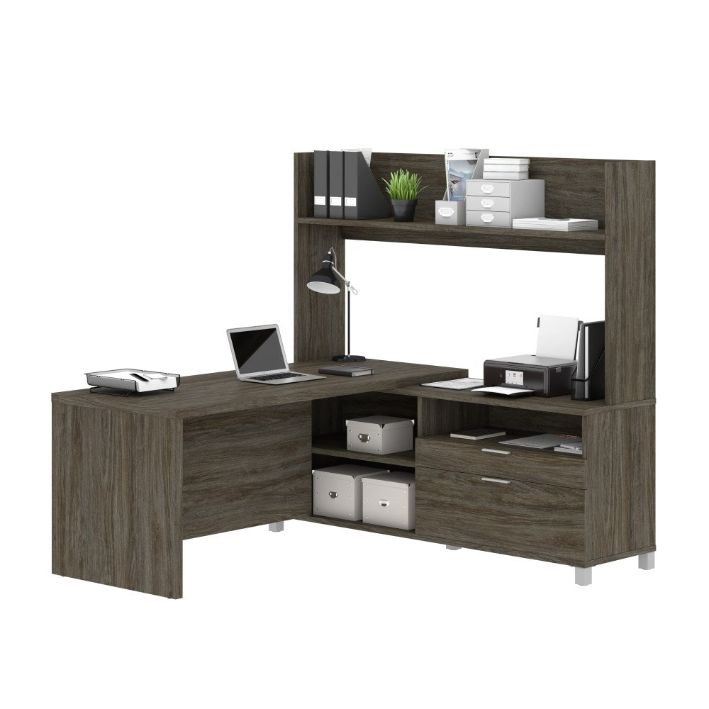 Bestar Pro-Linea 72inW L-Shaped Corner Desk With Single Shelf Hutch, Walnut Gray