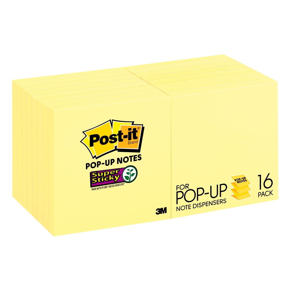 Post-it Super Sticky Pop-Up Notes, 3 in x 3 in, 16 Pads, 90 Sheets/Pad, 2x the Sticking Power, Canary Yellow