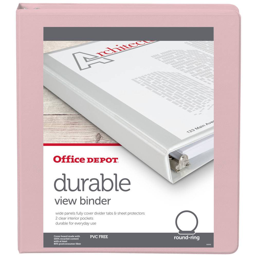 Office Depot Brand 3-Ring Durable View Binder, 1in Round Rings, Blush